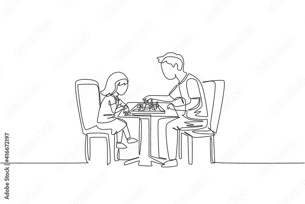Single continuous line drawing of young father siting on chair think seriously playing chess against his daughter at home. Happy family parenthood concept. One line draw design vector illustration Single continuous line drawing of young father siting on chair think seriously playing chess against his daughter at home. Happy family parenthood concept. One line draw design vector illustration