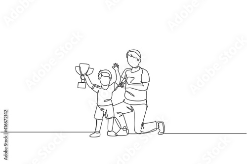One continuous line drawing young dad congratulate his son who win first place trophy at study competition. Happy family parenthood concept. Dynamic single line draw graphic design vector illustration