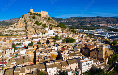 Aerial view of Castalla cityscape with ancient fortified castle, Alicante, Spain © JackF