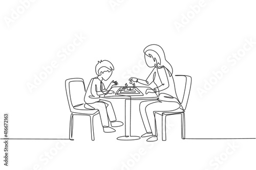 Single continuous line drawing of young mother sitting on chair think seriously playing chess against her son at home. Happy family parenthood concept. Trendy one line draw design vector illustration