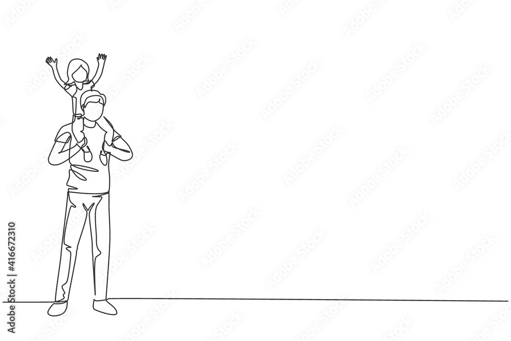 Single continuous line drawing young father playing and carrying his cheerful daughter on his shoulder at home. Happy family parenthood concept. Trendy one line draw graphic design vector illustration Single continuous line drawing young father playing and carrying his cheerful daughter on his shoulder at home. Happy family parenthood concept. Trendy one line draw graphic design vector illustration