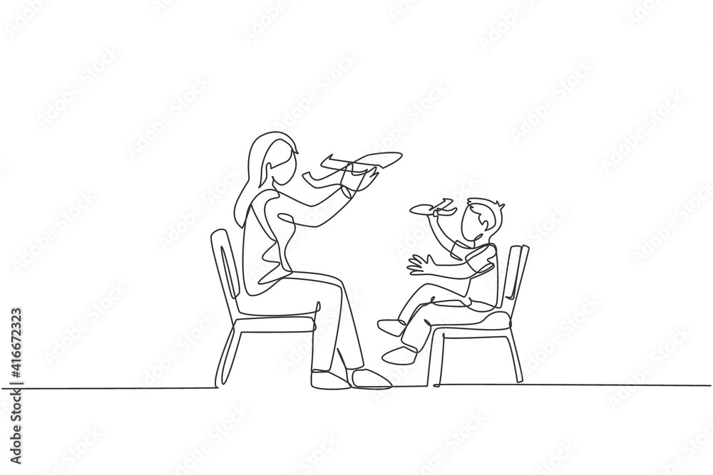 One continuous line drawing of young mother and her daughter sitting on chair and playing airplane toy together at home. Happy family parenthood concept. Single line draw design vector illustration One continuous line drawing of young mother and her daughter sitting on chair and playing airplane toy together at home. Happy family parenthood concept. Single line draw design vector illustration