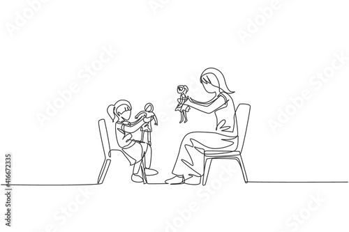 One single line drawing of young mom and her daughter siting on chair and playing princess doll together at home vector illustration. Happy family bonding concept. Modern continuous line draw design