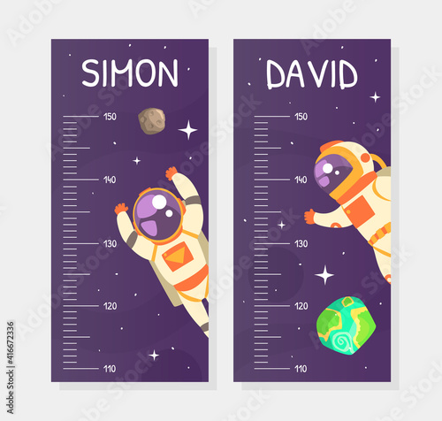 Kids Height Chart, Stadiometer Template, Height Measure Wall Meter with Astronaut in Outer Space Cartoon Vector Illustration