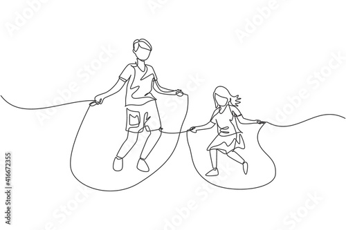 One continuous line drawing of young dad and his daughter practice jumping with skipping rope at park near home. Happy family parenting concept. Dynamic single line draw design vector illustration
