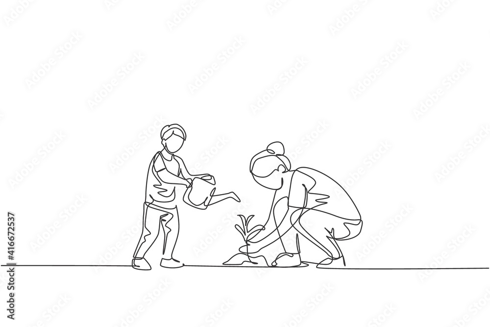 One single line drawing of young mother teach her son planting while the kid watering a plant at home garden vector illustration. Happy parenting learning concept. Modern continuous line draw design One single line drawing of young mother teach her son planting while the kid watering a plant at home garden vector illustration. Happy parenting learning concept. Modern continuous line draw design