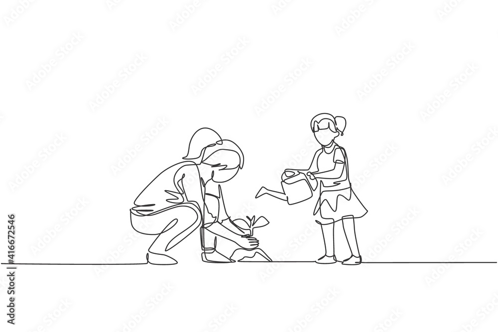 One single line drawing of young mom teach her daughter planting while the kid watering a plant at home garden vector illustration. Happy parenting learning concept. Modern continuous line draw design