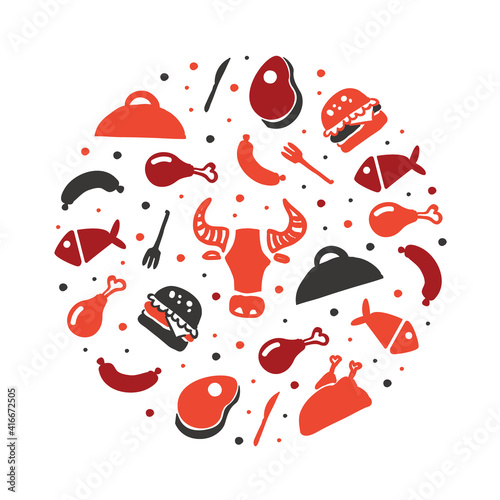 Grill Symbols of Circular Shape, Barbecue House, Restaurant, Restaurant, Bar Poster, Invitation, Flyer, Banner, Promo Design Cartoon Vector Illustration