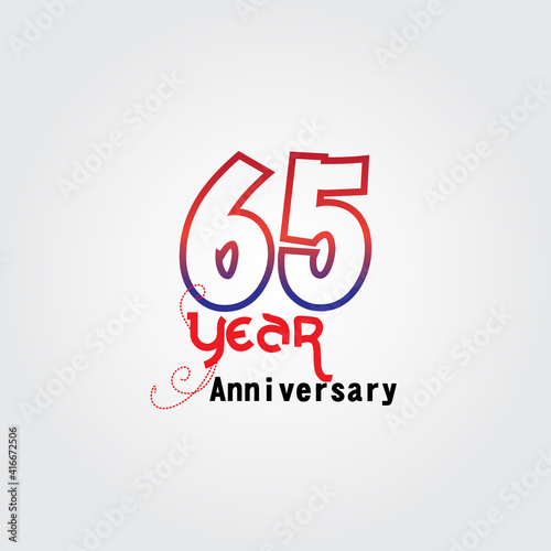65 years anniversary celebration logotype. anniversary logo with red and blue color isolated on gray background, vector design for celebration, invitation card, and greeting card