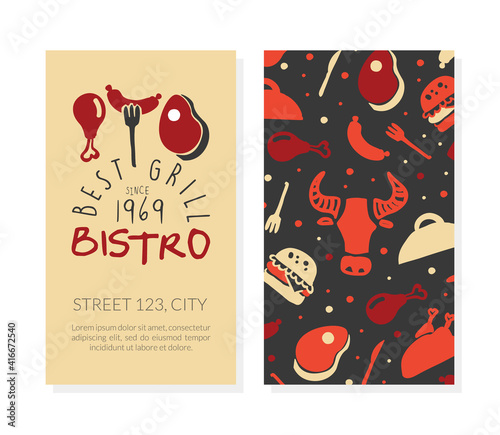 Best Bistro Grill Business Card Template, Hot Barbecue House, Restaurant Poster, Invitation, Flyer, Promo Design Cartoon Vector Illustration photo