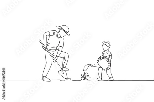 Single continuous line drawing young dad digging ground using shovel and son watering a plant at home garden . Happy family parenthood concept. Trendy one line graphic draw design vector illustration
