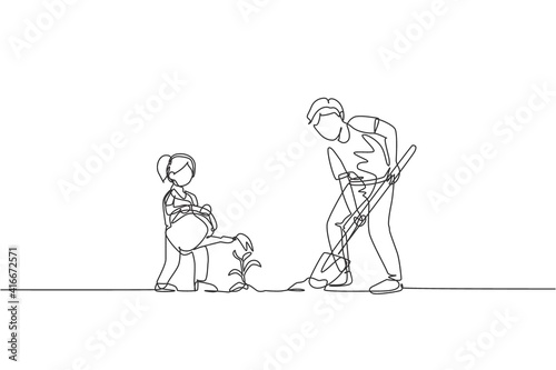 One single line drawing young father digging ground using shovel and daughter watering a plant at home garden vector illustration. Happy parenting learning concept. Continuous line graphic draw design