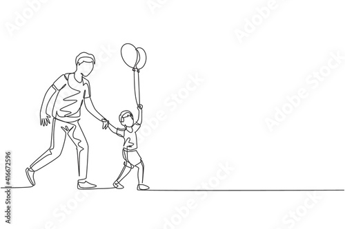 One continuous line drawing of young father and his son go to night carnival festival while the kid holding balloon. Happy family parenting concept. Dynamic single line draw design vector illustration © Simple Line