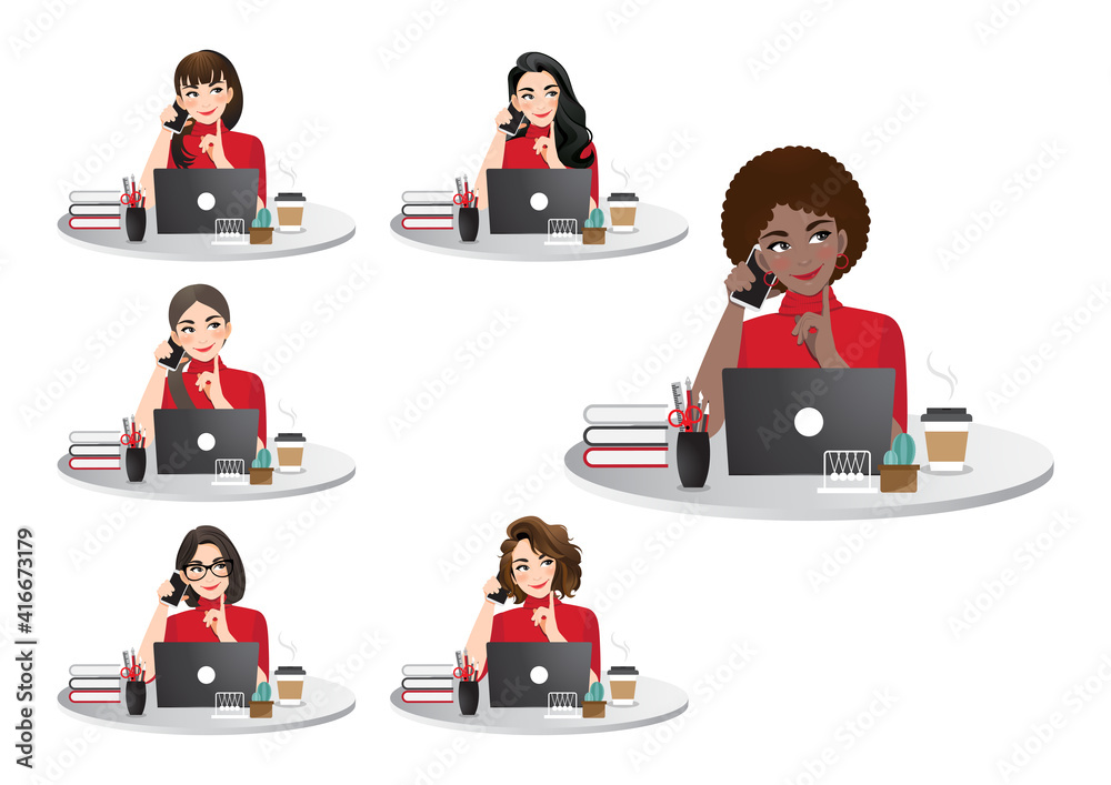 Set of diverse business women working on laptop vector illustration Set of diverse business women working on laptop vector illustration