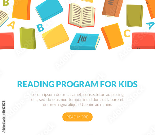 Reading Program for Kids Landing Page Template, Education, Online Library, Electronic Bookshelf Website Cartoon Vector Illustration