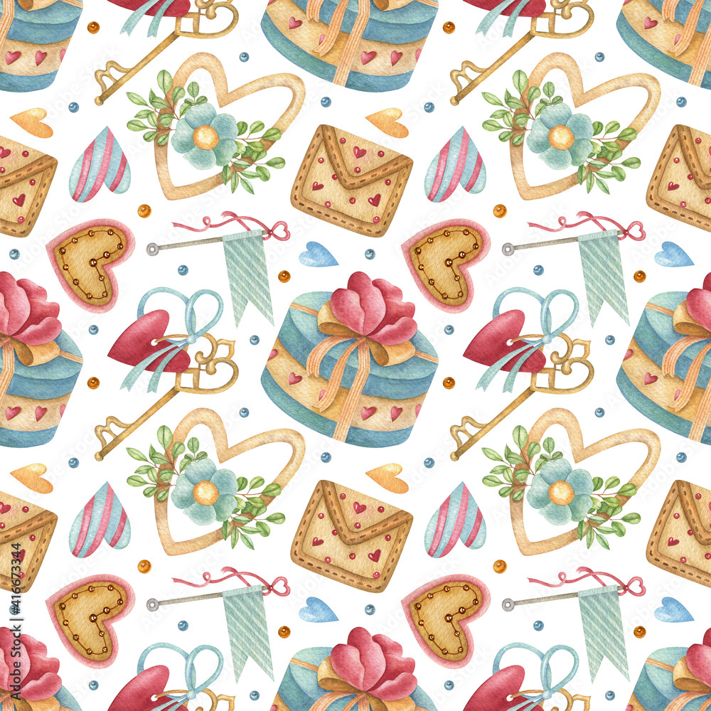 Watercolor seamless pattern with heart, flower, leaf, ribbon, gift box and envelope on the light background. Bright illustration. Ideal for textile, wrapping, and other designs. Watercolor seamless pattern with heart, flower, leaf, ribbon, gift box and envelope on the light background. Bright illustration. Ideal for textile, wrapping, and other designs.