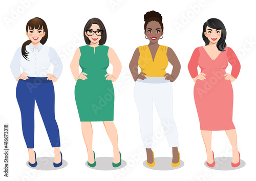 Cartoon vector beautiful plus size curved women in diverse fashion office wear, working women vector.
