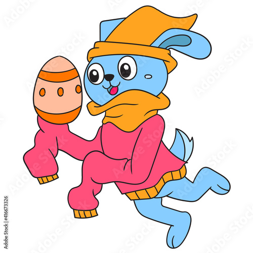 The rabbit brings painted eggs for Easter, doodle icon image kawaii