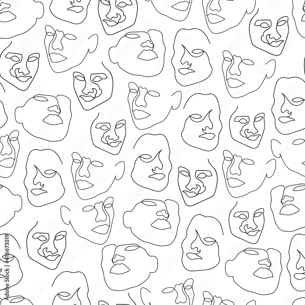 Vector black and white one line drawing abstract face seamless pattern background. Good use for fabric, textile, wallpaper etc. Vector black and white one line drawing abstract face seamless pattern background. Good use for fabric, textile, wallpaper etc.
