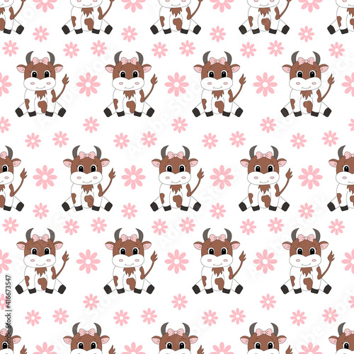 Cute cartoon cow. Vector illustration. Seamless pattern.	