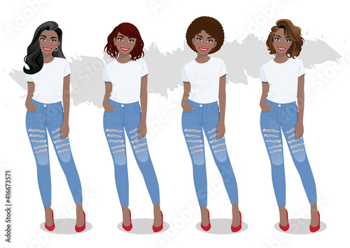 Set of African American girls with different hairstyles in white T-shirts and blue jeans vector
