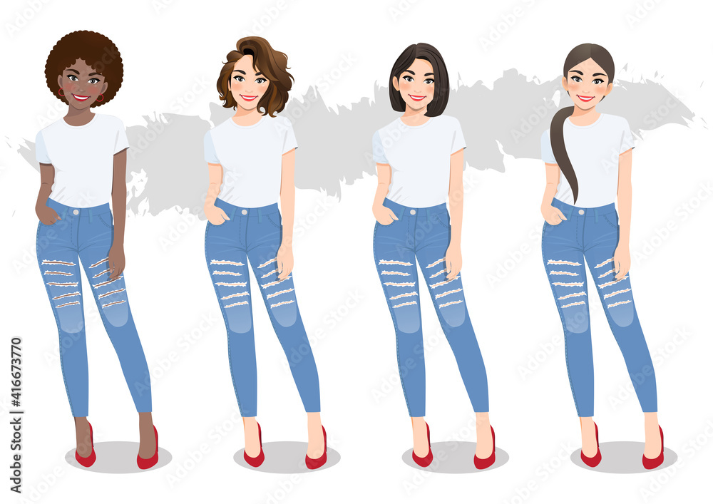 Fototapeta premium Set of diverse girls with different hairstyles in white T-shirts and blue jeans vector