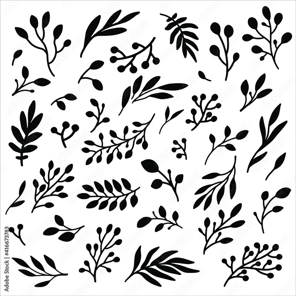 Fototapeta premium Set of hand drawn vector floral elements. Black leaves isolated on white background for invitations, greeting cards, blogs, web, wedding decor, posters.