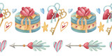 Watercolor seamless border with a key, arrow, gift box, and star. Hand-drawn bright border with decoration elements.