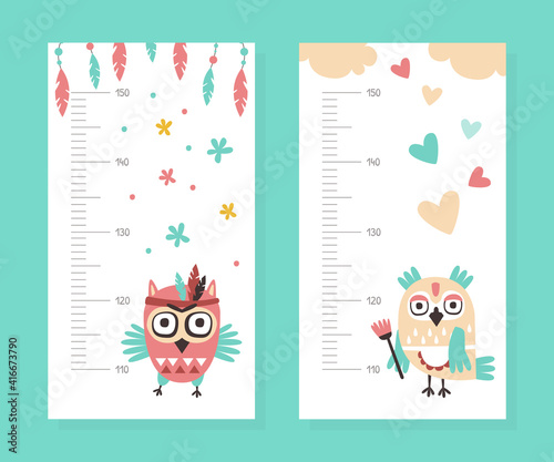 Kids Height Chart Set, Cute Funny Birds, Childish Meter Wall for Nursery Design Cartoon Vector Illustration