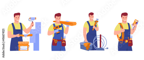 Set of workers of various construction, repair professions. Painter, electrician, carpenter, plumber. Vector illustration in flat cartoon style.