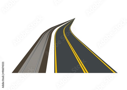 Winding road and railroad illustration. Perspective view.