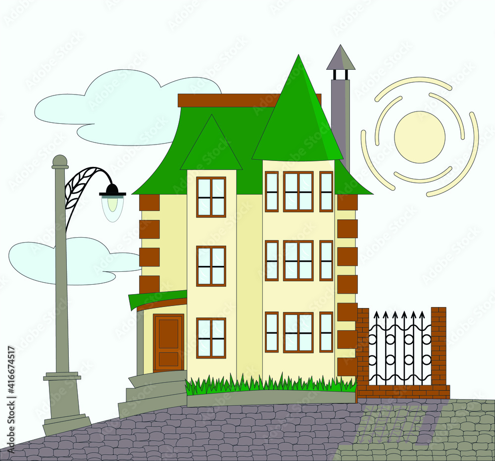 Illustration of a house in an urban landscape