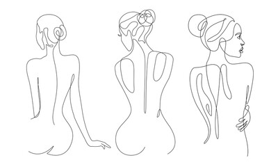 Glasbilder Sammlungen Frau Körper eine Strichzeichnung Set. Weibliche Figur kreative zeitgenössische abstrakte Strichzeichnung. Schönheits-Mode-weiblicher nackter Körper. Vektor minimalistisches Design für Wandkunst, Druck, Karte, Poster.  © Наталья Дьячкова