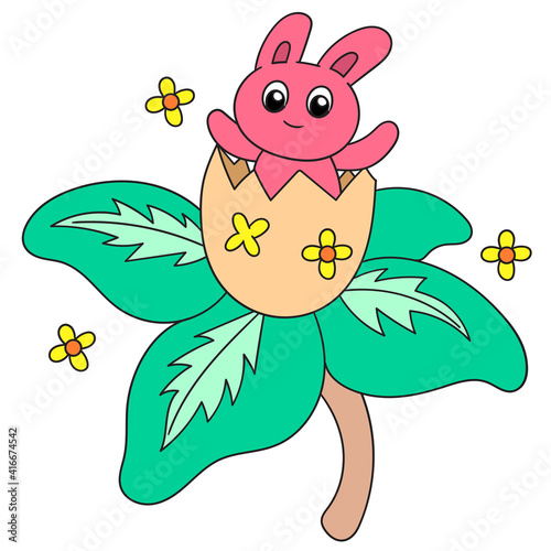 rabbits playing around in big flowers, doodle icon image kawaii