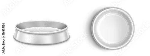 Metal pet bowl, plate for dog or cat in front and top view. Vector realistic mockup of blank steel dish with clean water for domestic animals isolated on white background