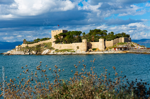 View from drone of Pigeon Island with medieval fort on Turkey Aegean coast in Kusadasi. High quality photo