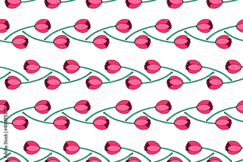 Vector seamless pattern with red tulip flowers. Hand drawn doodle spring texture, background. For wrapping paper, textile, greeting card, wedding, birthday, mother's or women's or Valentine's Day