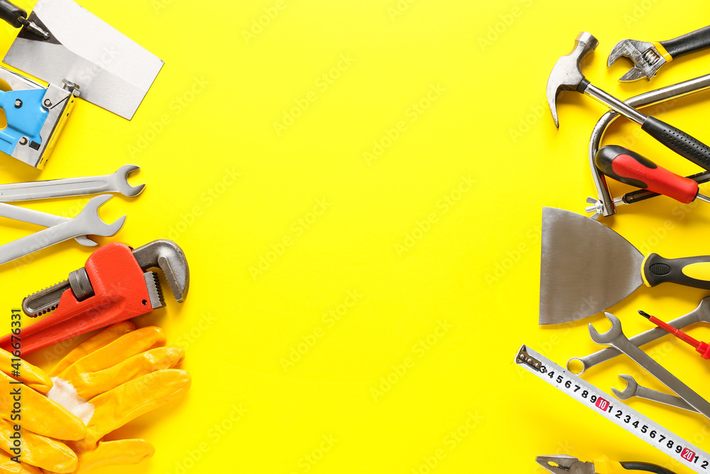 Set of construction tools on color background Set of construction tools on color background