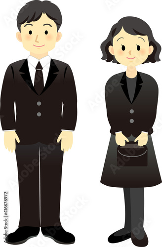 イラスト素材: 喪服の男女　ほほえみの表情
