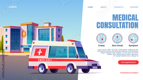 Medical consultation banner. Online service for get appointment with doctor in clinic. Vector landing page of healthcare help with cartoon hospital building and ambulance car