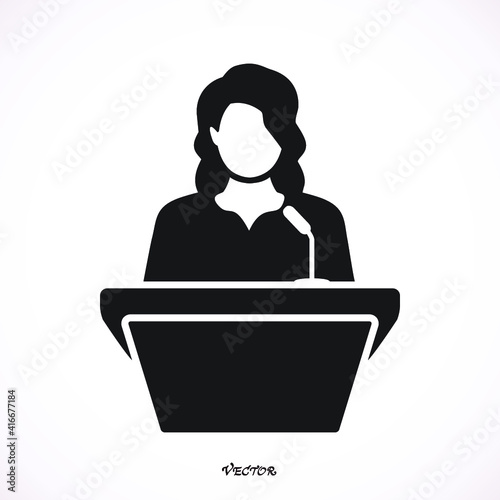 woman speaker icon. orator speaking from tribune vector flat style colorful illustration