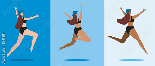 Young woman tanning on light skin, flat vector stock illustration as concept of sunburn, tan, tanning, summer suntan progress