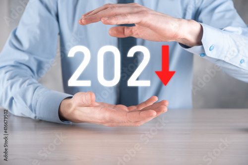 Plan business negative growth in year 2021 concept. Businessman plan and increase of negative indicators in his business, decline down business concepts.