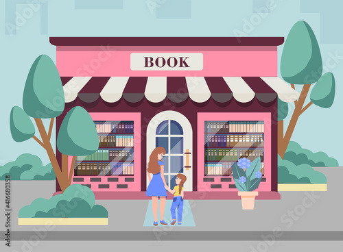 Fototapeta Naklejka Na Ścianę i Meble -  Mom and daughter go to the book store. illustration of the exterior facade of a book shop building.  Shopping trip with a small child. Vector illustration in flat style.