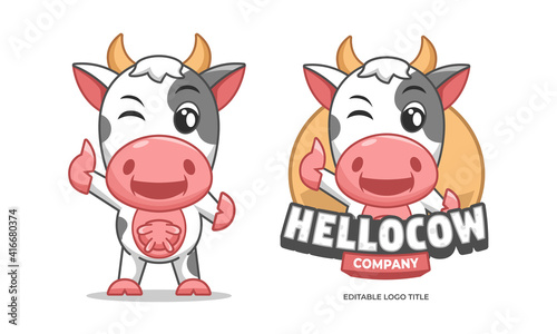 Cute cow mascot cartoon set logo template editable title vector illustration