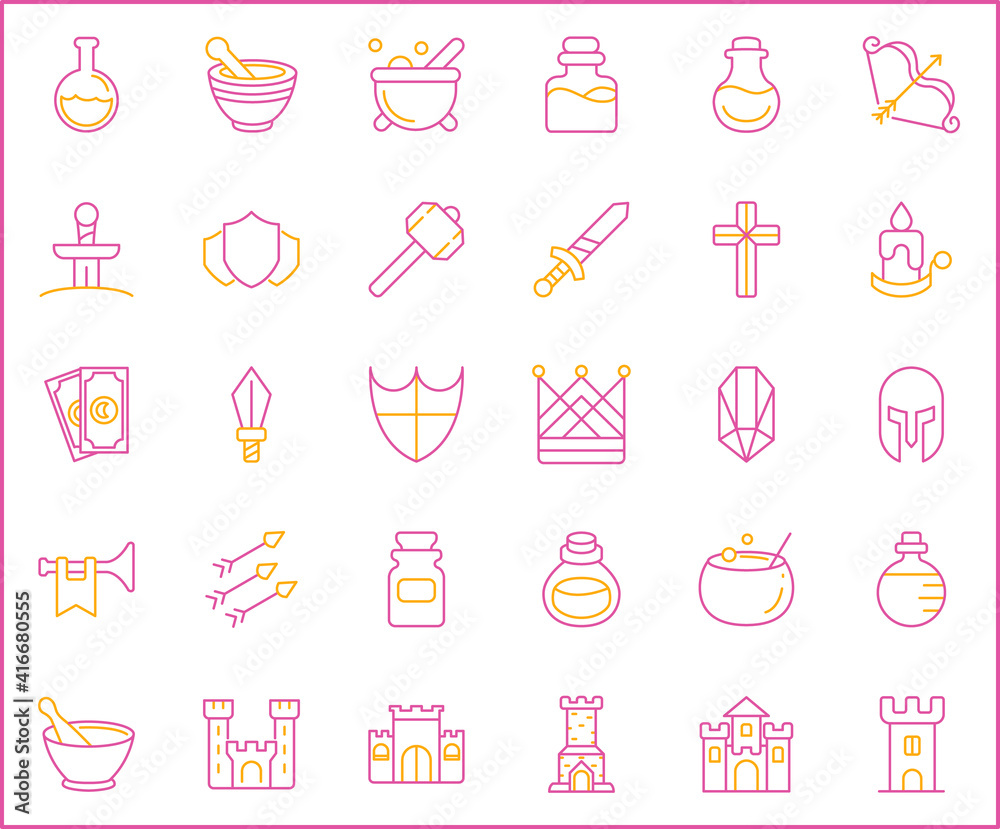 Set of magic and alchemy icons line style. It contains such Icons as storybook, fairy tale, fantasy, witch, wizardry, enchantment and other elements. customize color, easy resize. Set of magic and alchemy icons line style. It contains such Icons as storybook, fairy tale, fantasy, witch, wizardry, enchantment and other elements. customize color, easy resize.