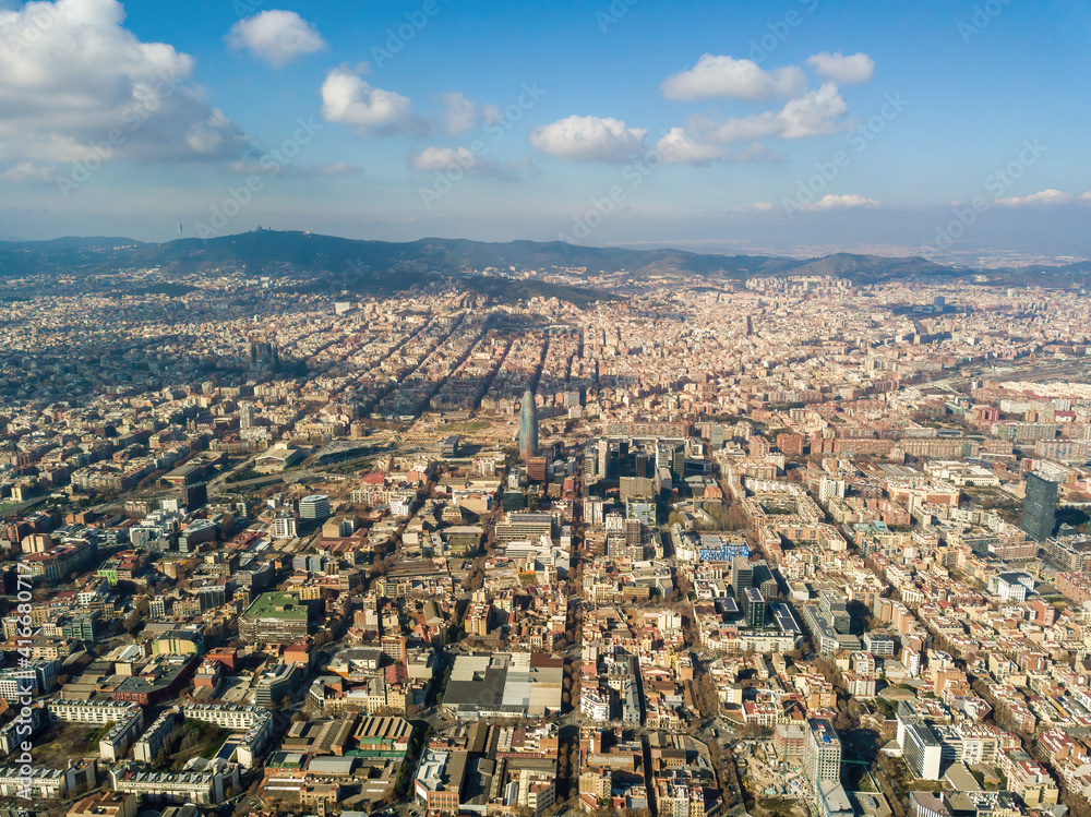 Aerial view of typical buildings at Eixample residential district. Barcelona, Catalonia