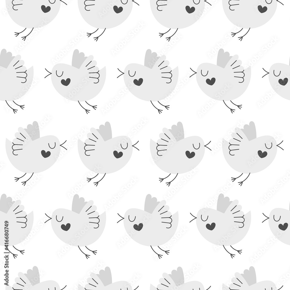 Simple cute stylized birds on a white background. Seamless pattern for packaging, wallpaper, paper, scrapbooking. Kids decor Simple cute stylized birds on a white background. Seamless pattern for packaging, wallpaper, paper, scrapbooking. Kids decor