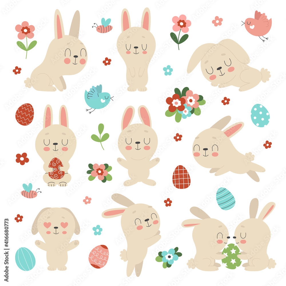 Obraz premium Set of cute Easter bunnies, flowers and decorated eggs on a white background. Traditional symbol of Easter. Funny animals in different poses.