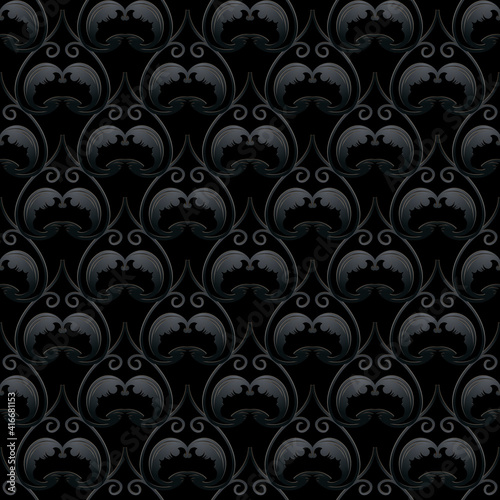 Vintage floral dark black 3d seamless pattern. Vector ornamental black background. Repeat deco backdrop. Elegant Baroque Damask style ornaments. Surface texture. Ornate design with flowers, laves